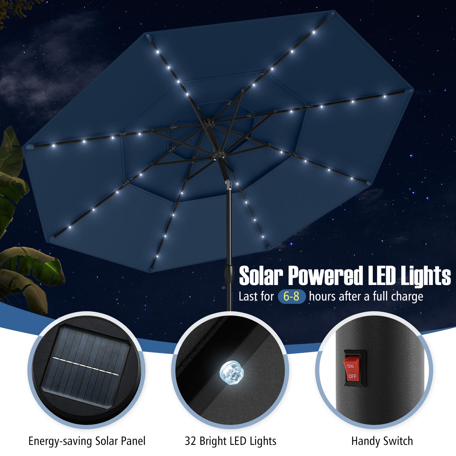 10 Feet Solar Patio Umbrella with 32 LED Lights 3-Tier Vented Top-Navy – LUV MY PATIO 10 Feet Solar Patio Umbrella with 32 LED Lights 3-Tier Vented Top-Navy – LUV MY PATIO