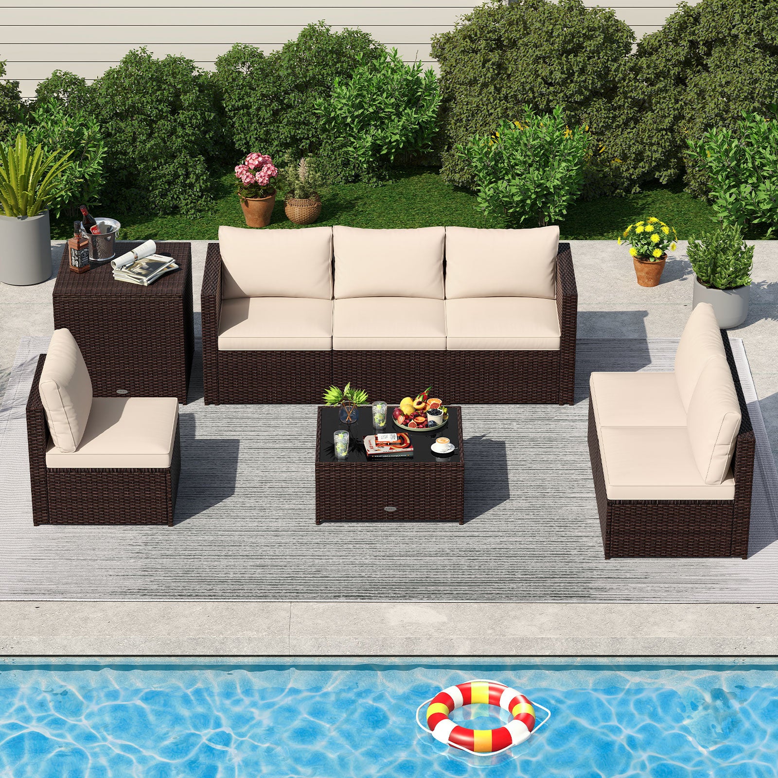 An 8-piece patio furniture set with beige cushions, including a corner sofa, an armless sofa, a coffee table with a glass top, and a storage box, set on a outdoor setting with a pool in the background.