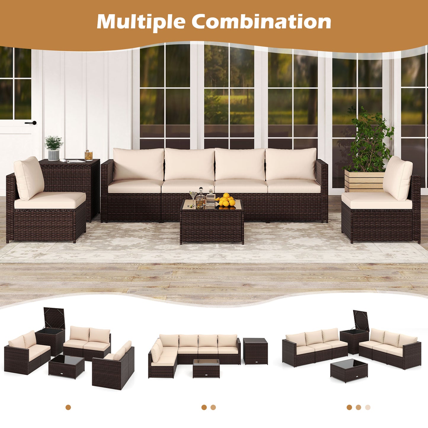 8 Piece Patio Furniture Set with Storage Box and Tempered Glass Coffee Table-Beige
