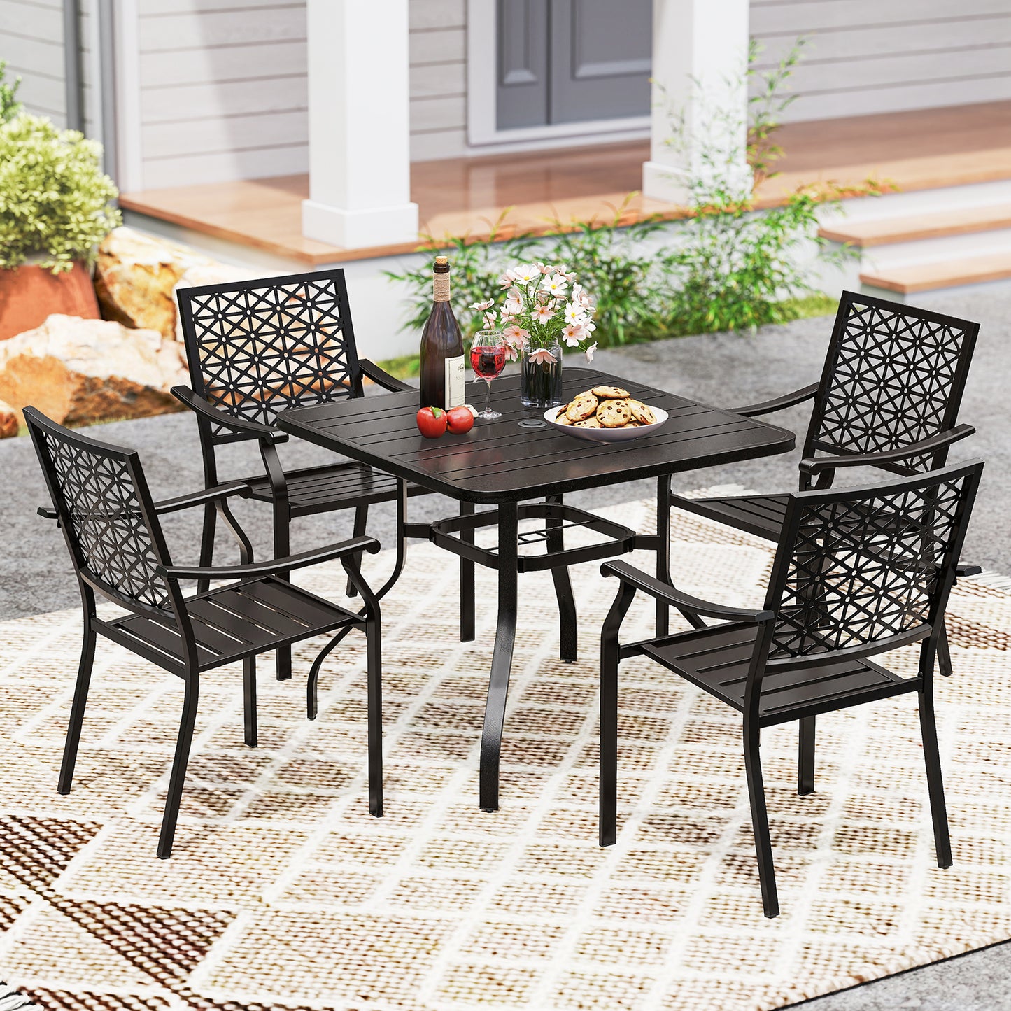 Set of 2 Patio Dining Chairs with Curved Armrests and Reinforced Steel Frame