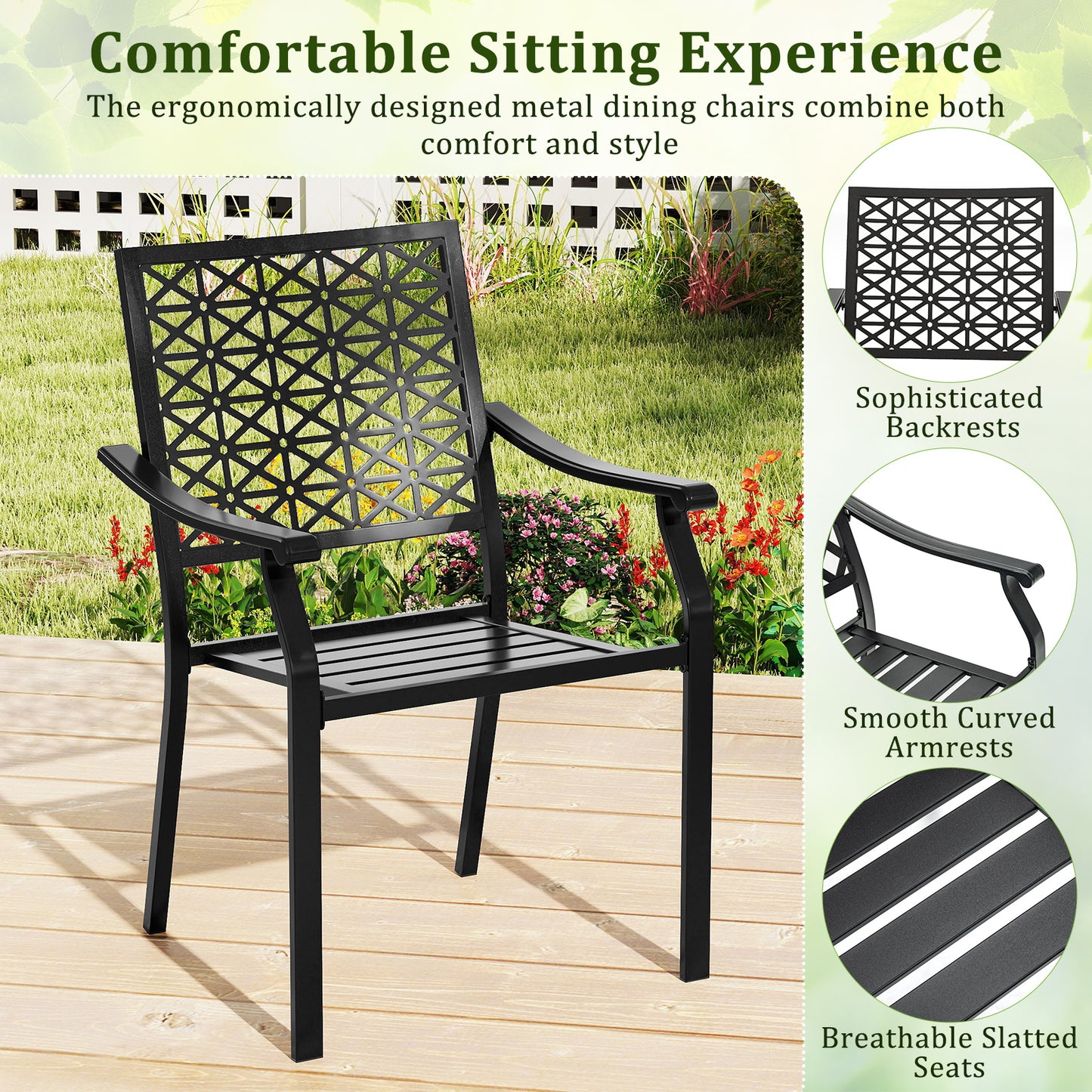 Set of 2 Patio Dining Chairs with Curved Armrests and Reinforced Steel Frame