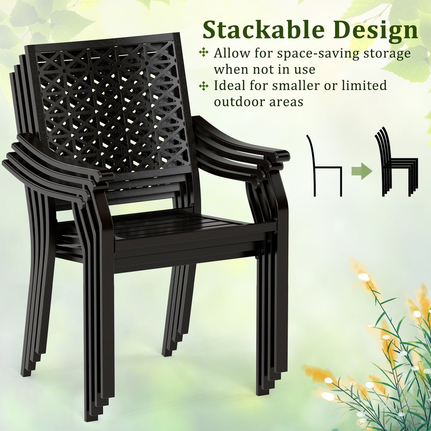 Set of 2 Patio Dining Chairs with Curved Armrests and Reinforced Steel Frame