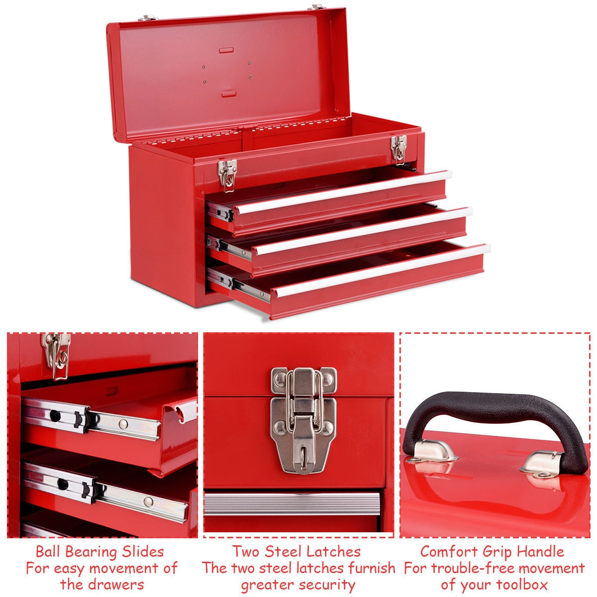 Portable Garage Mechanic Tool Cabinet Box with 3 Drawers-Red