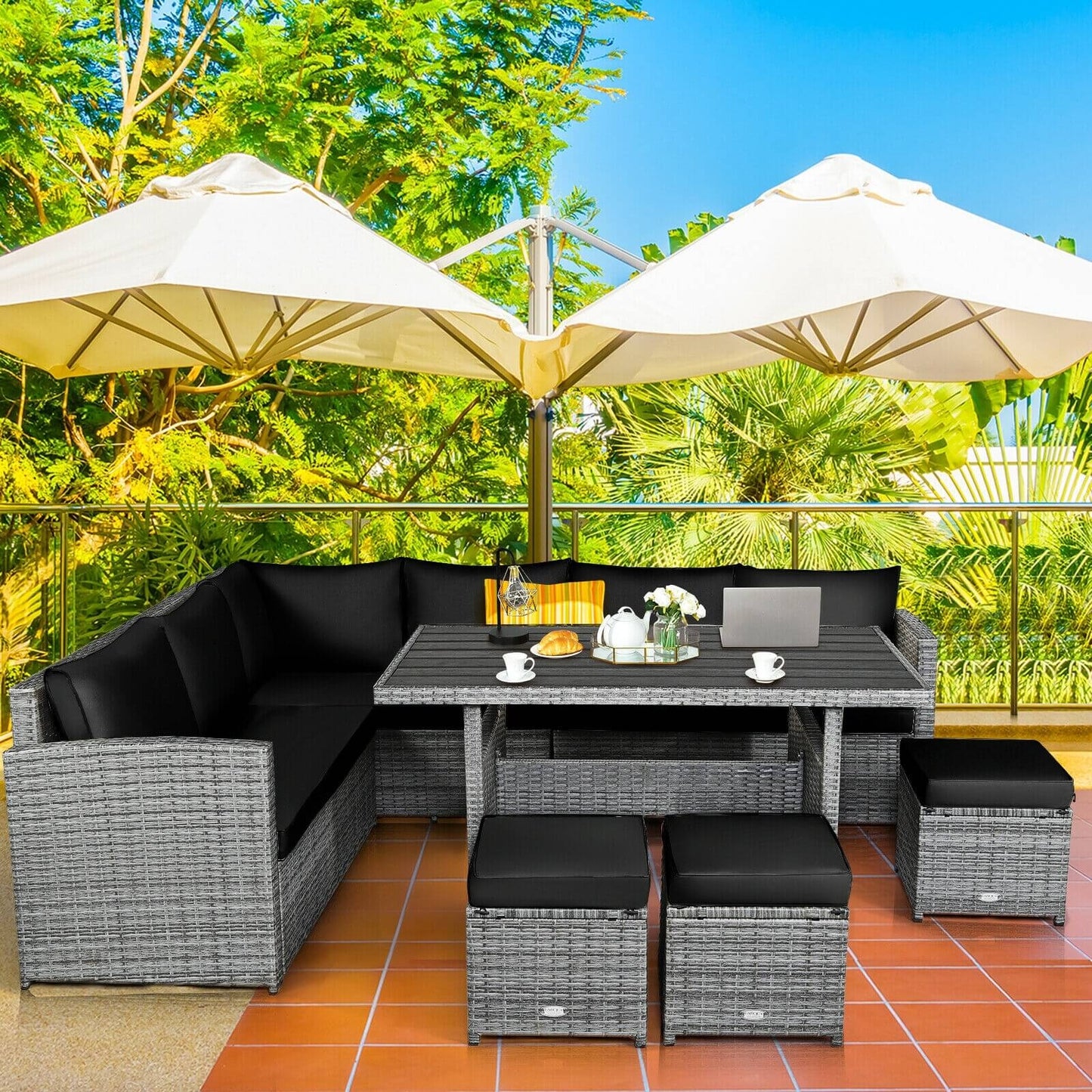 7 Pieces Patio Rattan Dining Furniture Sectional Sofa Set with Wicker Ottoman-Black