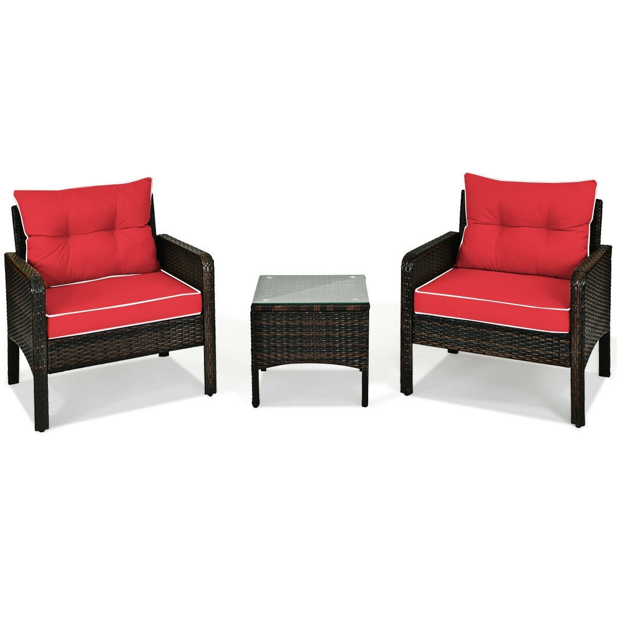 3 Pcs Outdoor Patio Rattan Conversation Set with Seat Cushions-Red