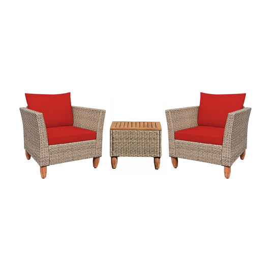 3 Pieces Patio Rattan Furniture Set with Washable Cushion for Yard Porch-Red