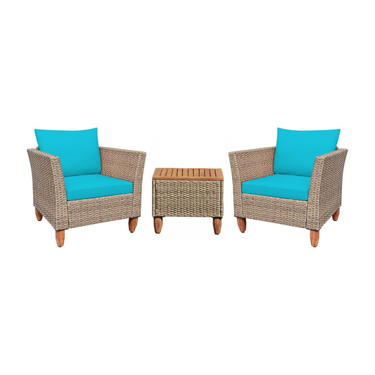 3 Pieces Patio Rattan Furniture Set with Washable Cushion for Yard Porch-Turquoise