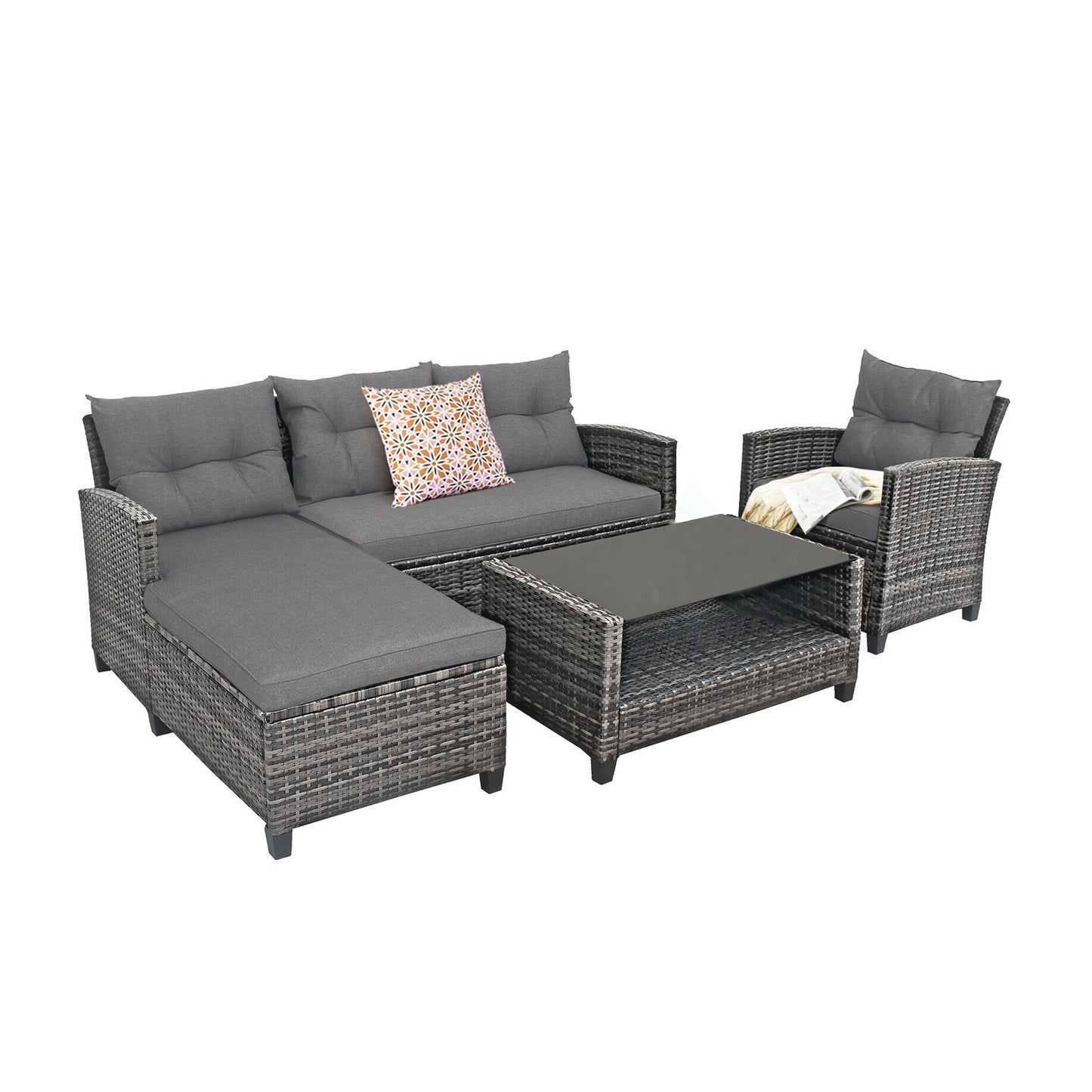 4 Pieces Patio Rattan Furniture Set with Cushion-Gray