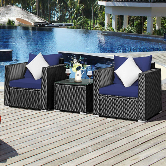 3 Pieces Patio Wicker Furniture Set with Cushion-Navy