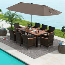 Load image into Gallery viewer, 11-Piece Patio Dining Set with 15ft Double-Sided Umbrella - PE Rattan, Acacia Wood, Solar Lights
