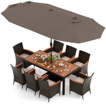 Load image into Gallery viewer, 11-Piece Patio Dining Set with 15ft Double-Sided Umbrella - PE Rattan, Acacia Wood, Solar Lights
