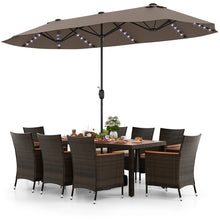 Load image into Gallery viewer, 11-Piece Patio Dining Set with 15ft Double-Sided Umbrella - PE Rattan, Acacia Wood, Solar Lights
