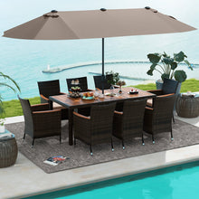 Load image into Gallery viewer, 11-Piece Patio Dining Set with 15ft Double-Sided Umbrella - PE Rattan, Acacia Wood, Solar Lights
