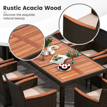 Load image into Gallery viewer, 11-Piece Patio Dining Set with 15ft Double-Sided Umbrella - PE Rattan, Acacia Wood, Solar Lights
