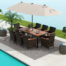 Load image into Gallery viewer, 11-Piece Patio Dining Set with 15ft Double-Sided Umbrella - PE Rattan, Acacia Wood, Solar Lights
