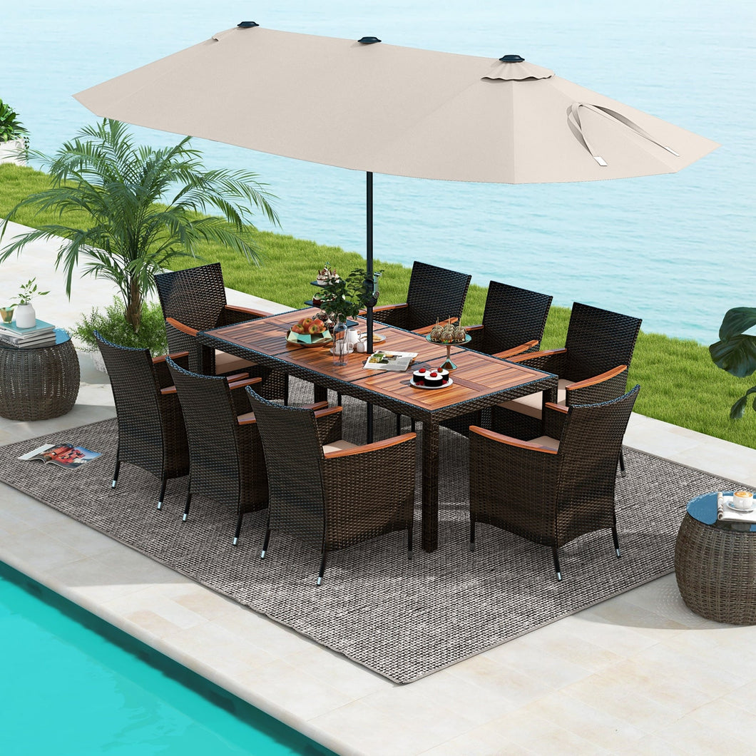 11-Piece Patio Dining Set with 15ft Double-Sided Umbrella - PE Rattan, Acacia Wood, Solar Lights