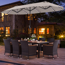 Load image into Gallery viewer, 11-Piece Patio Dining Set with 15ft Double-Sided Umbrella - PE Rattan, Acacia Wood, Solar Lights
