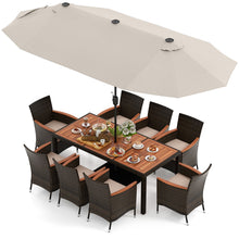 Load image into Gallery viewer, 11-Piece Patio Dining Set with 15ft Double-Sided Umbrella - PE Rattan, Acacia Wood, Solar Lights
