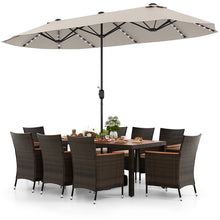 Load image into Gallery viewer, 11-Piece Patio Dining Set with 15ft Double-Sided Umbrella - PE Rattan, Acacia Wood, Solar Lights
