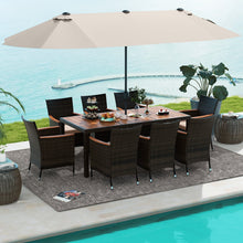 Load image into Gallery viewer, 11-Piece Patio Dining Set with 15ft Double-Sided Umbrella - PE Rattan, Acacia Wood, Solar Lights
