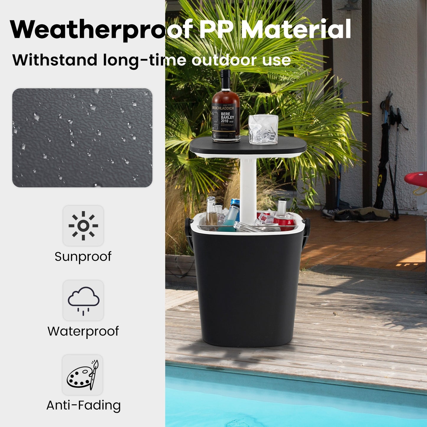 3-in-1 Portable Cooler Bar Table with Bottle Opener and Lift Top Lid for Camping Poolside-Black