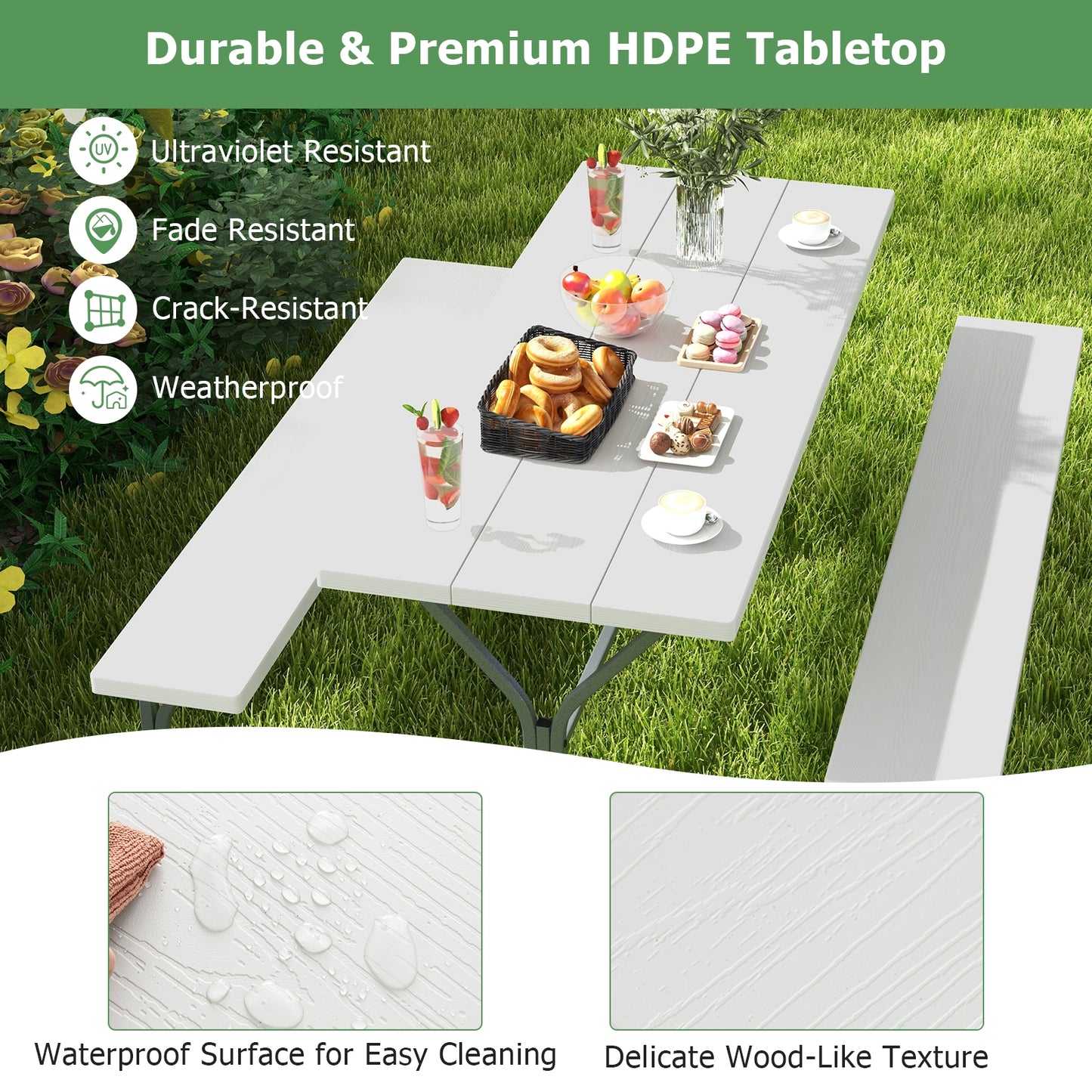 6 FT Picnic Table Bench Set Dining Table and 2 Benches with Metal Frame and HDPE Tabletop-White