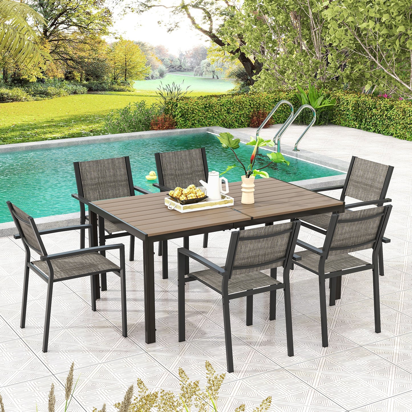 7 Piece Outdoor Dining Set with 6 Stackable Chairs and Large Rectangle Table-Gray