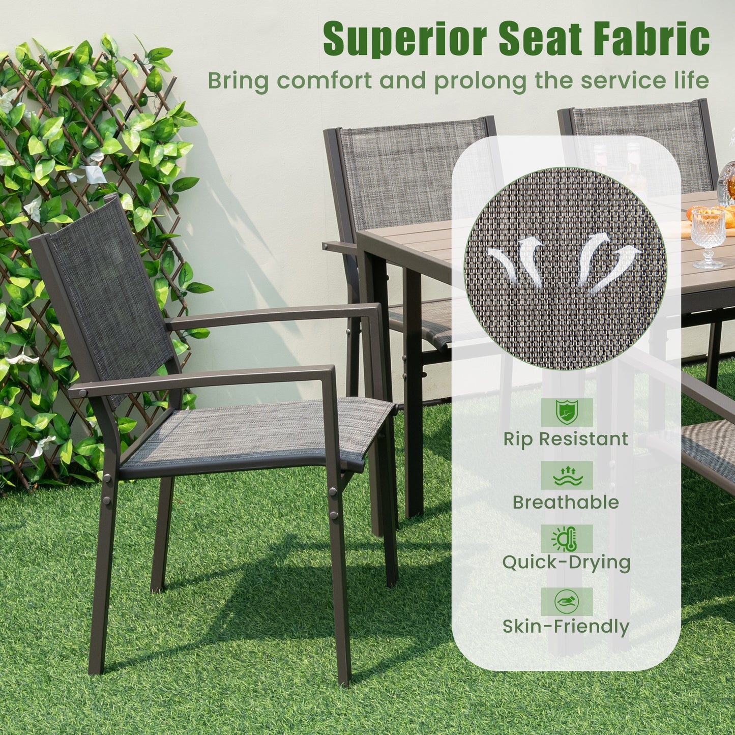 7 Piece Outdoor Dining Set with 6 Stackable Chairs and Large Rectangle Table-Gray