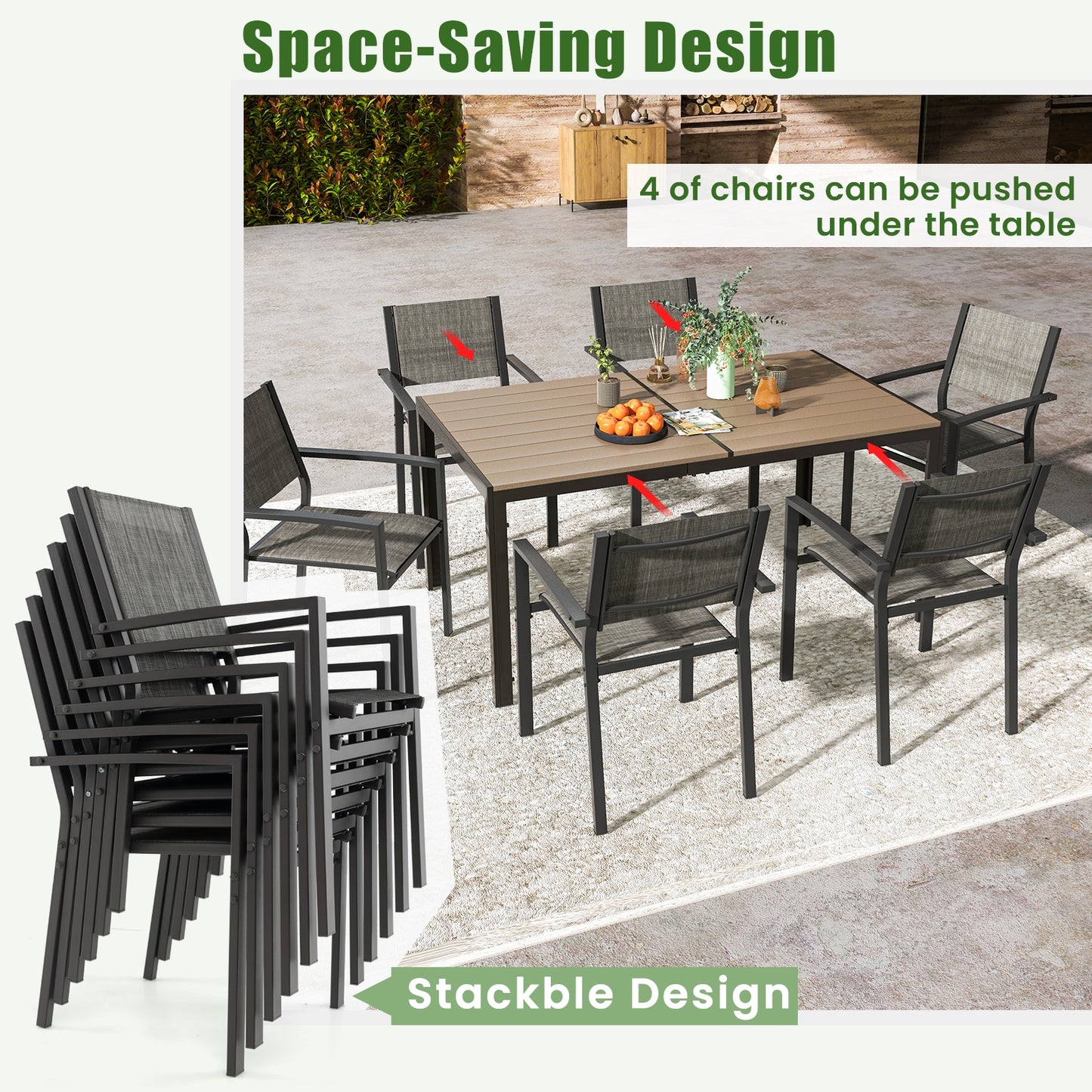 7 Piece Outdoor Dining Set with 6 Stackable Chairs and Large Rectangle Table-Gray