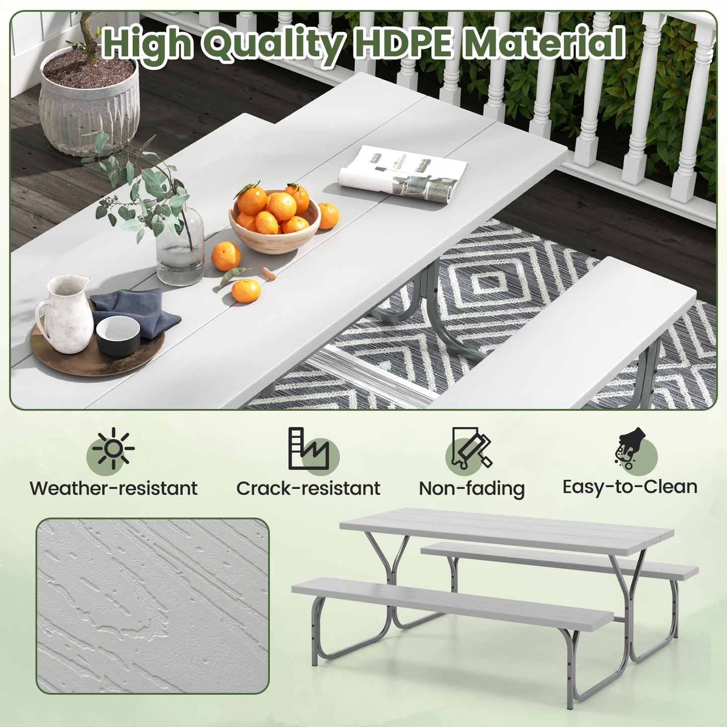 6 Feet Picnic Table Bench Set with HDPE Tabletop for 8 Person-Gray