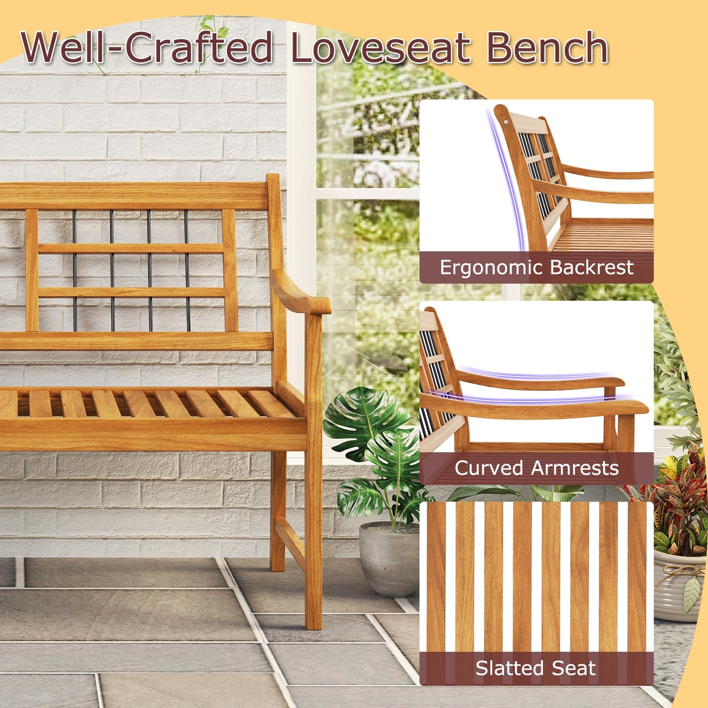 Patio Acacia Wood Bench with Curved Armrests Slatted Seat and Backrest