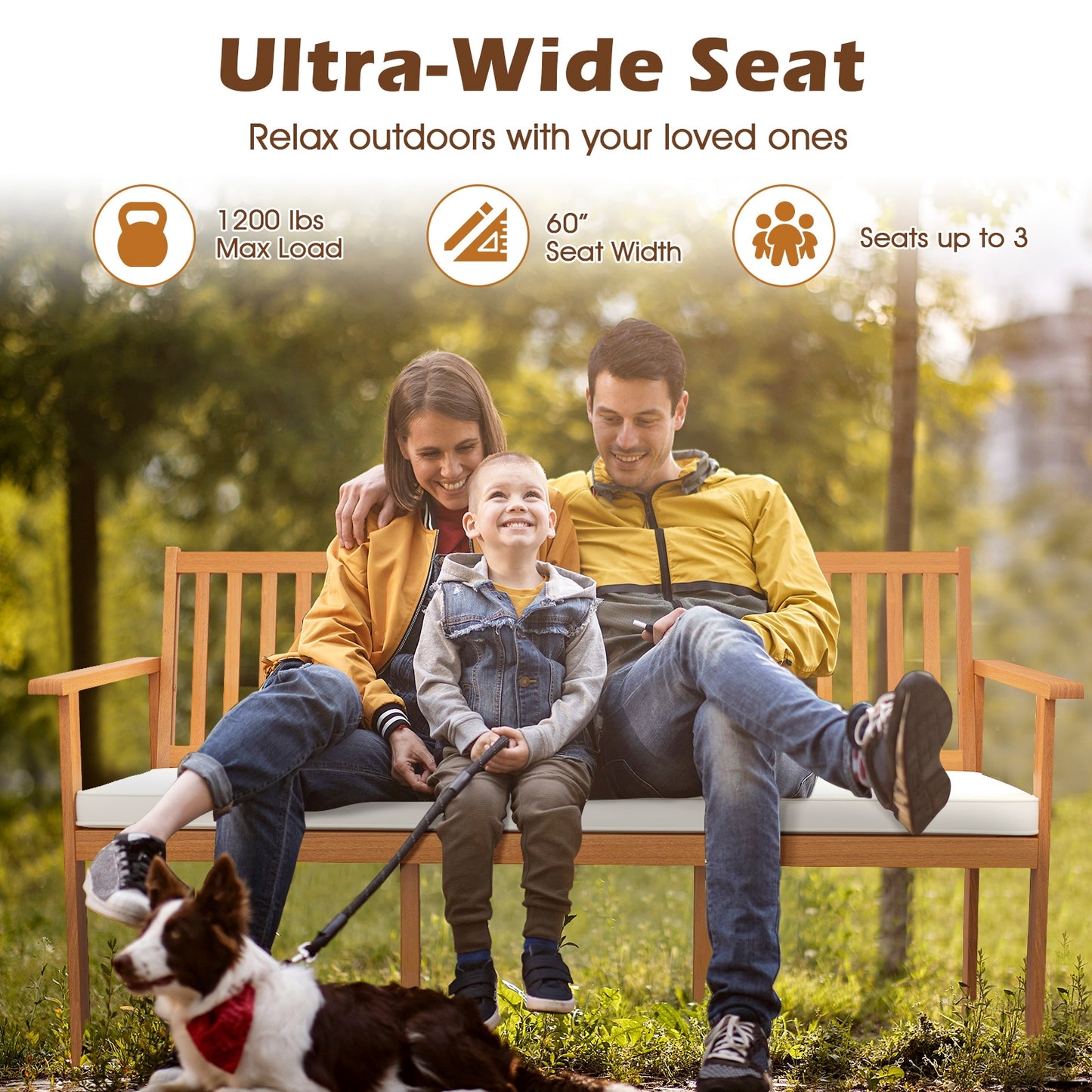 Outdoor 3-Seat Wood Bench with Seat Cushion and Slatted Seat-White