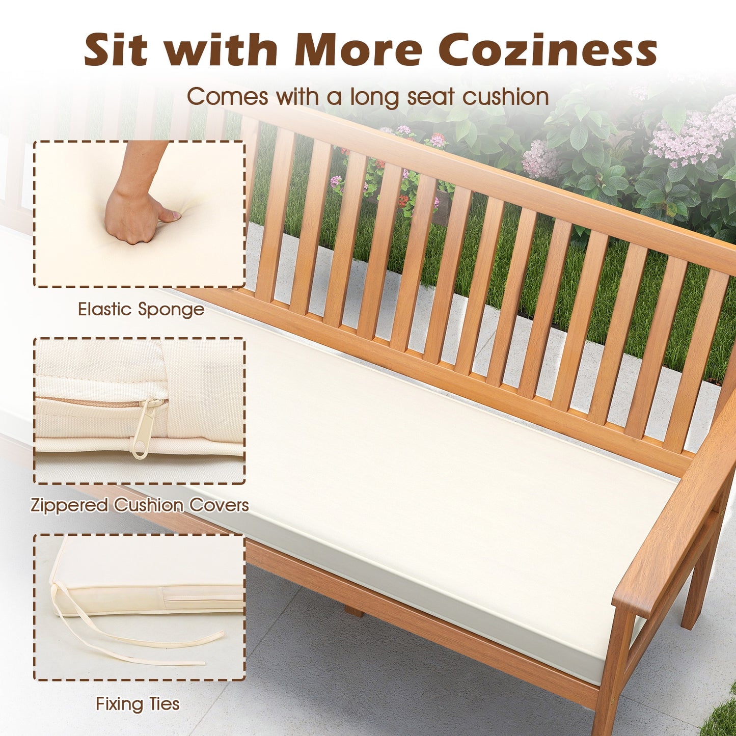 Outdoor 3-Seat Wood Bench with Seat Cushion and Slatted Seat-White