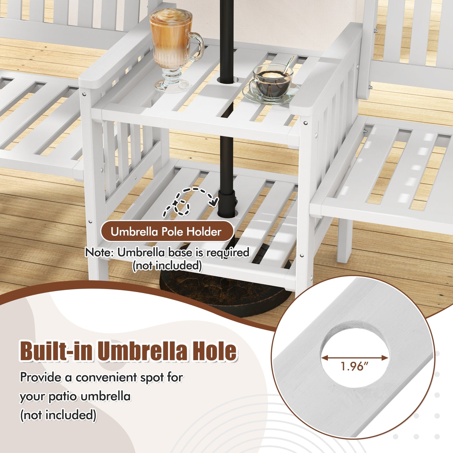 Outdoor Fir Wood Loveseat with 2-Tier Side Table and 1.96" Umbrella Hole-White