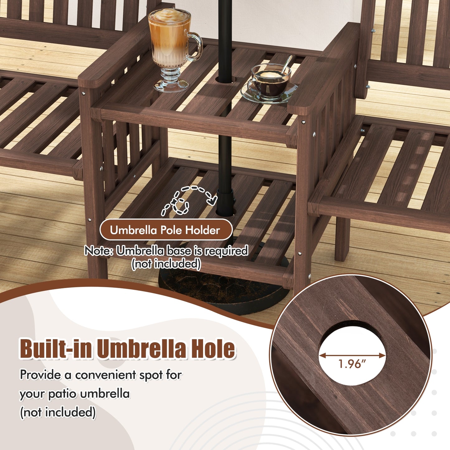 Outdoor Fir Wood Loveseat with 2-Tier Side Table and 1.96" Umbrella Hole-Coffee