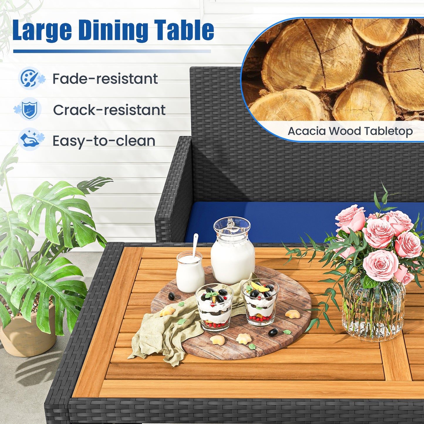 4 Piece Outdoor Dining Set with Wood Topped Dining Table  Rattan Loveseat Chair and 2 Ottomans-Navy