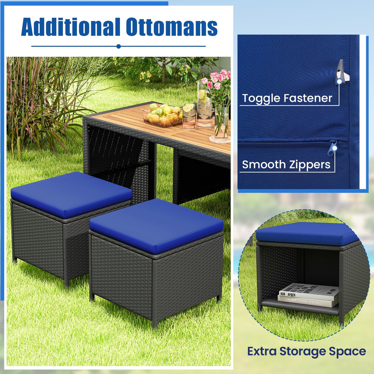4 Piece Outdoor Dining Set with Wood Topped Dining Table  Rattan Loveseat Chair and 2 Ottomans-Navy