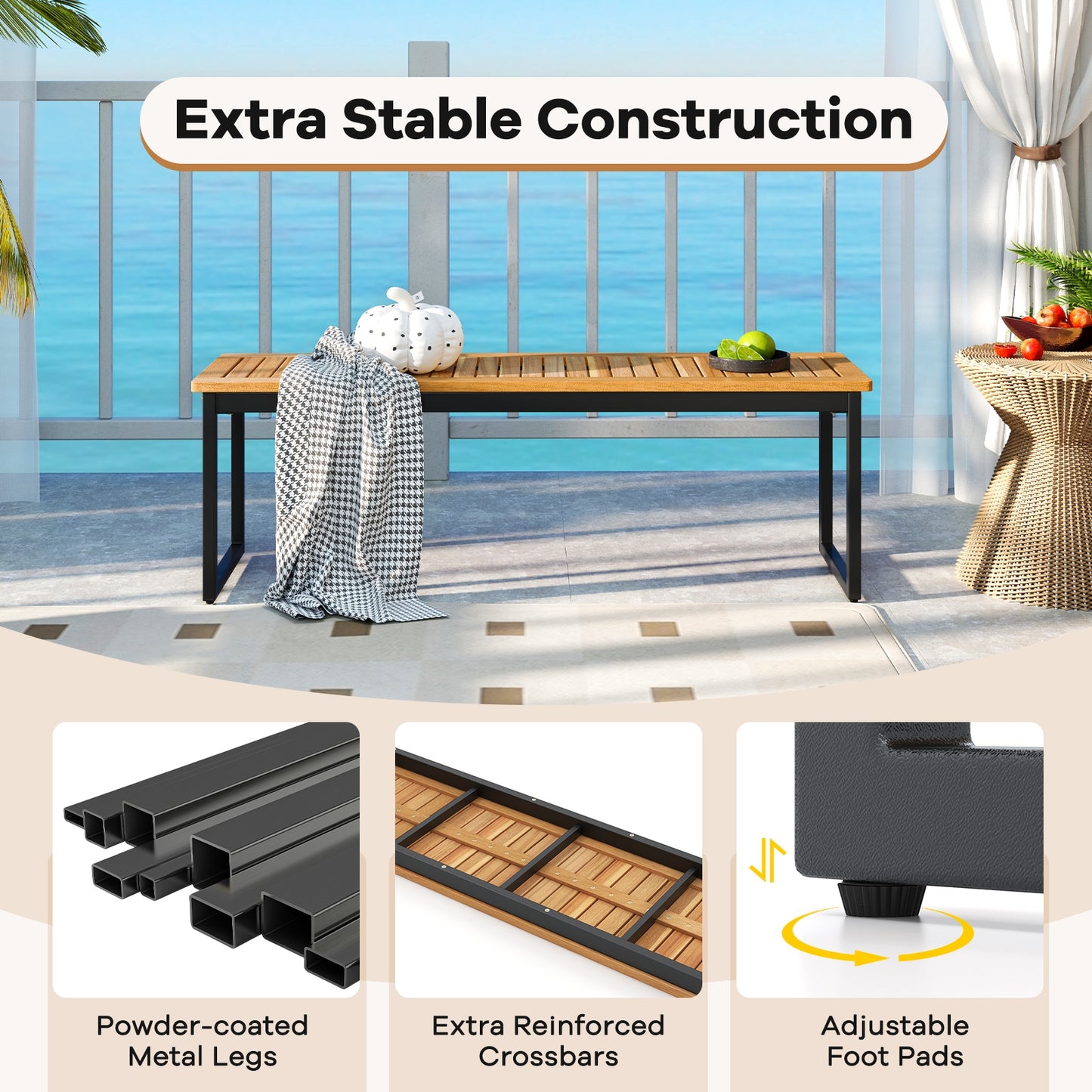 Patio Dining Bench Backless with Slatted Seat and Metal Legs