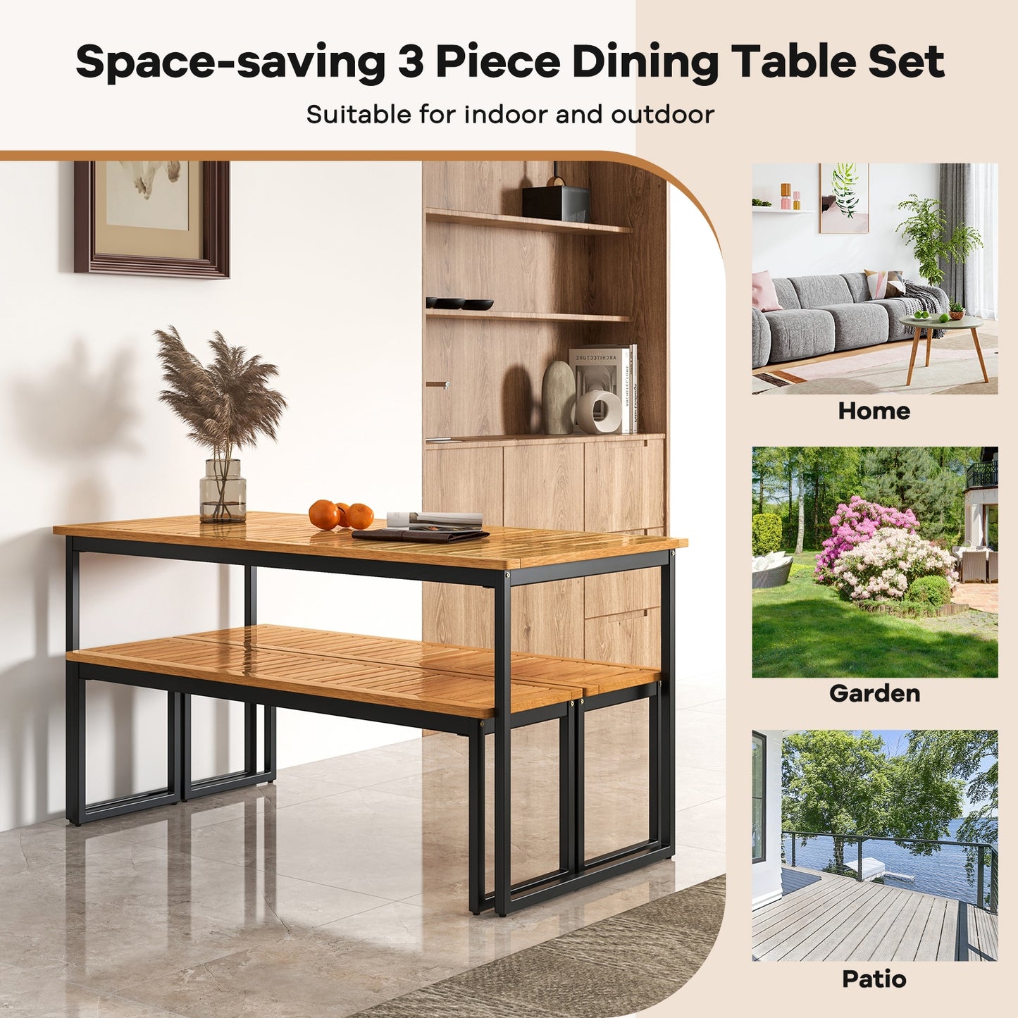 Patio Dining Bench Backless with Slatted Seat and Metal Legs