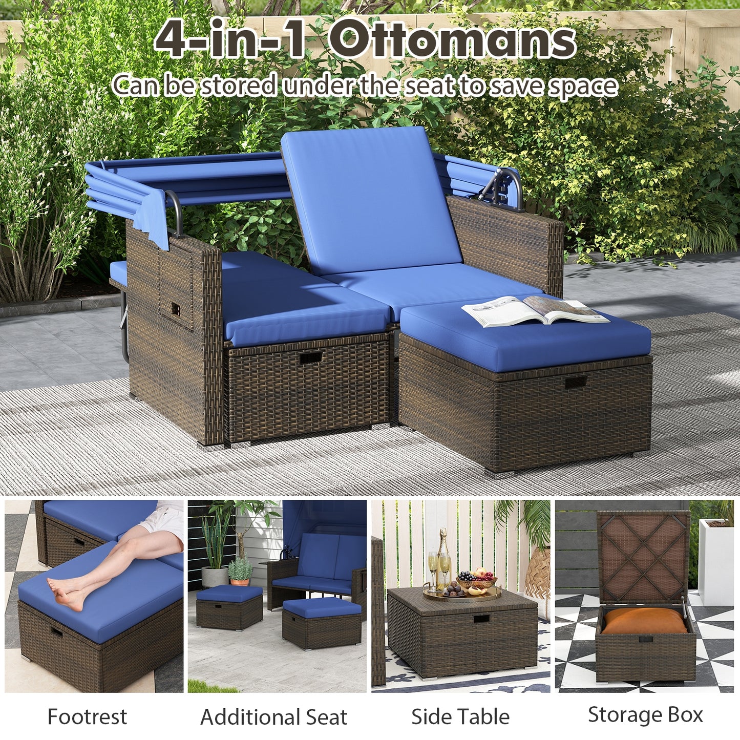 Outdoor Patio Rattan Daybed with Retractable Canopy and Adjustable Backrests-Navy