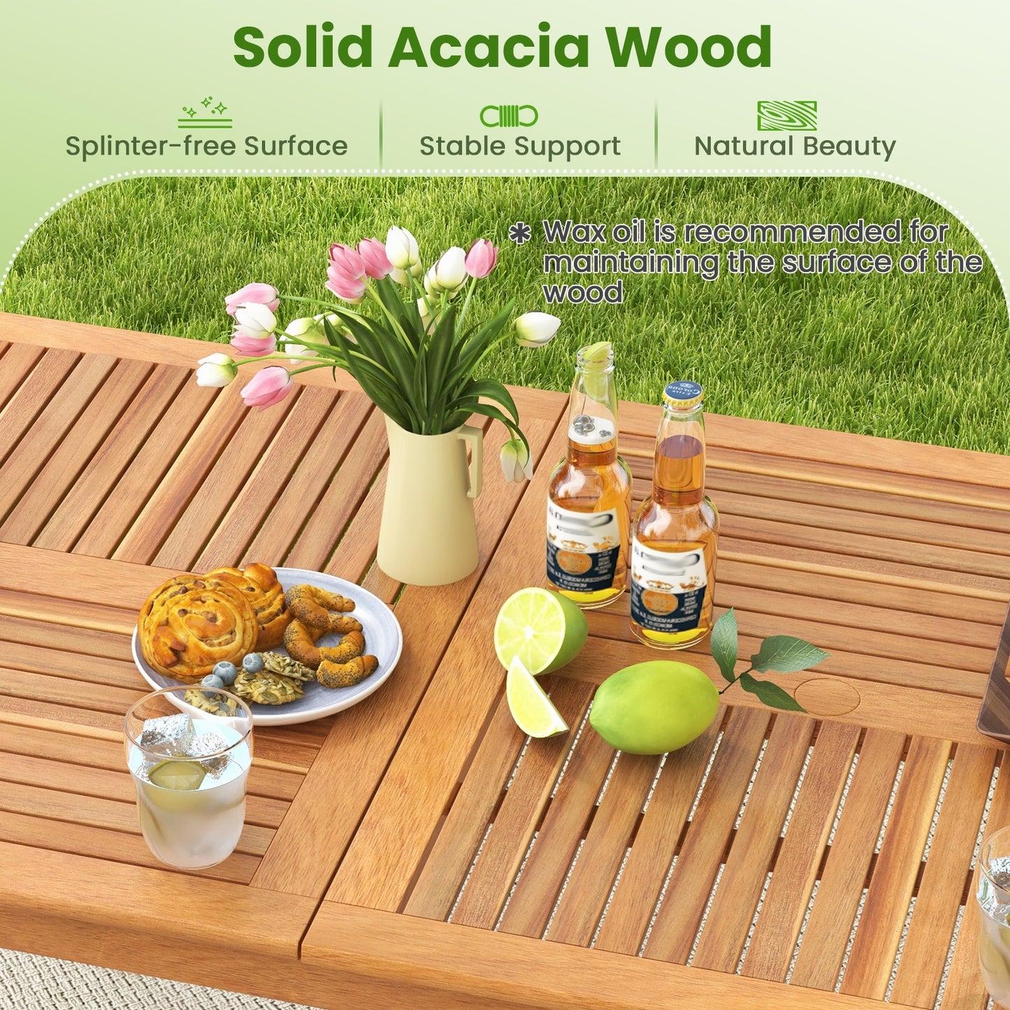 8-Person Outdoor Acacia Wood Dining Rectangular Bistro Table with Umbrella Hole