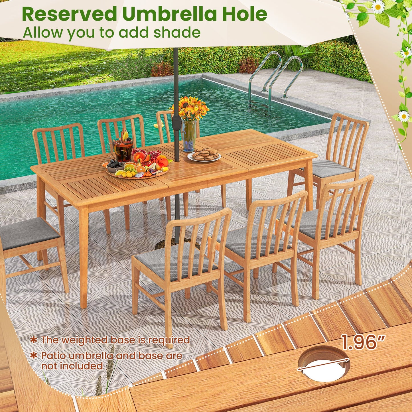 8-Person Outdoor Acacia Wood Dining Rectangular Bistro Table with Umbrella Hole