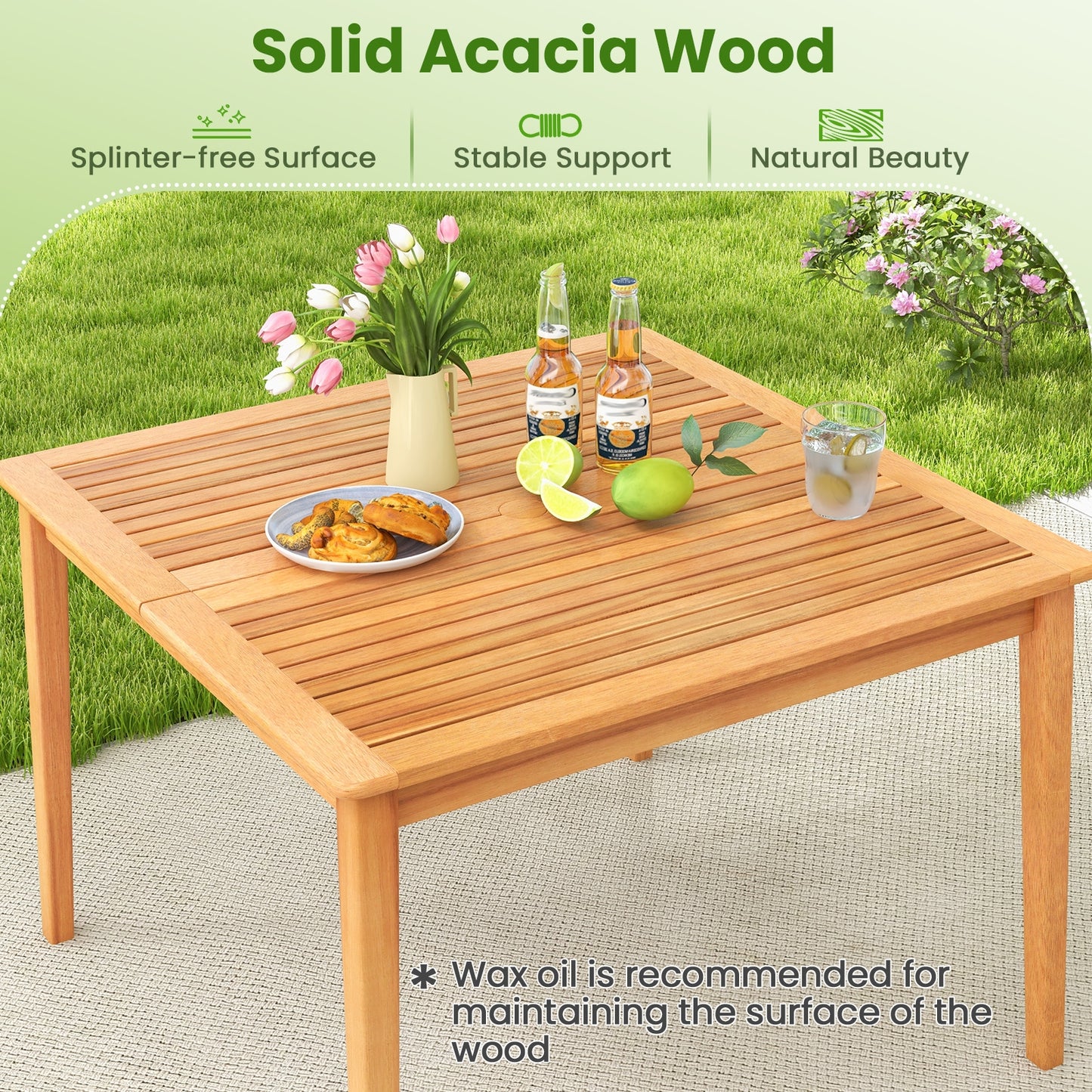 39 Inch Acacia Wood Dining Square Bistro Table with 1.96 Inch Umbrella Hole