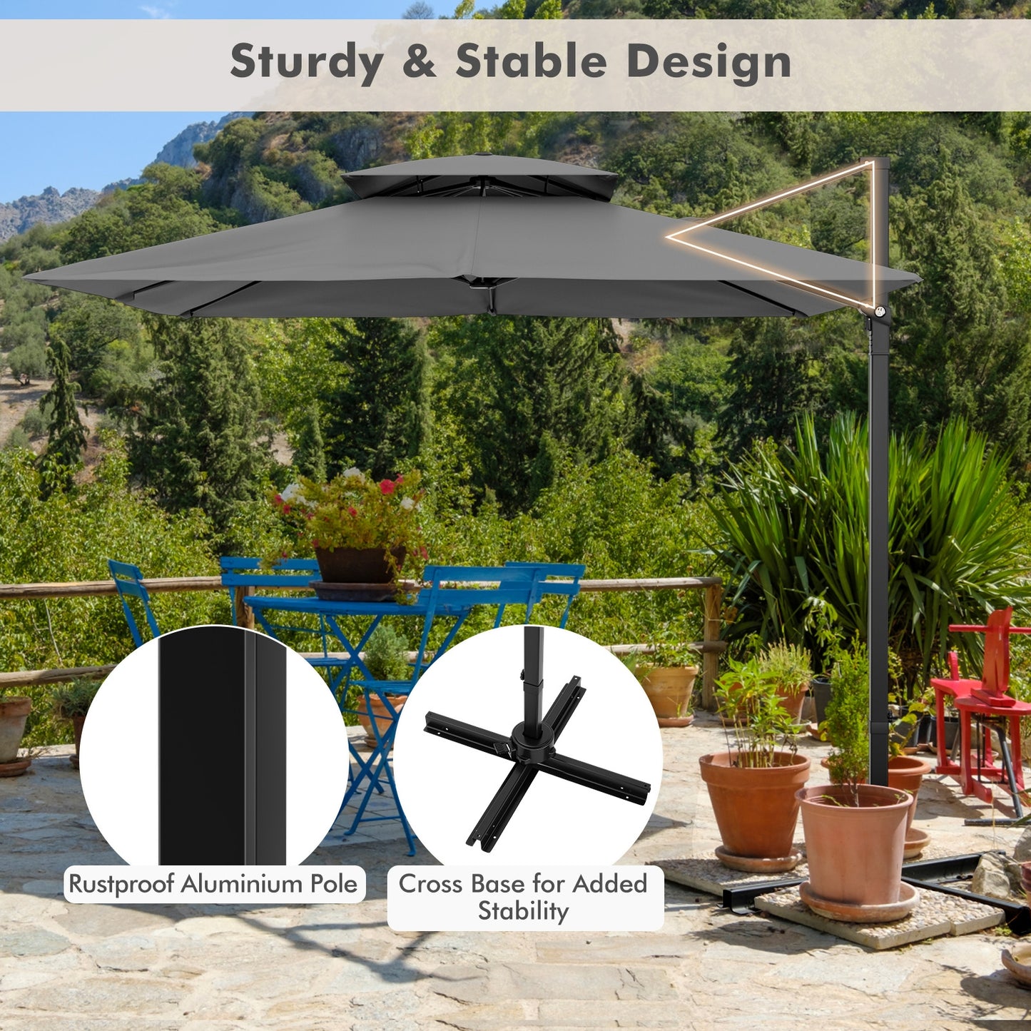 9.5 Feet Cantilever Patio Umbrella with 360° Rotation and Double Top-Gray