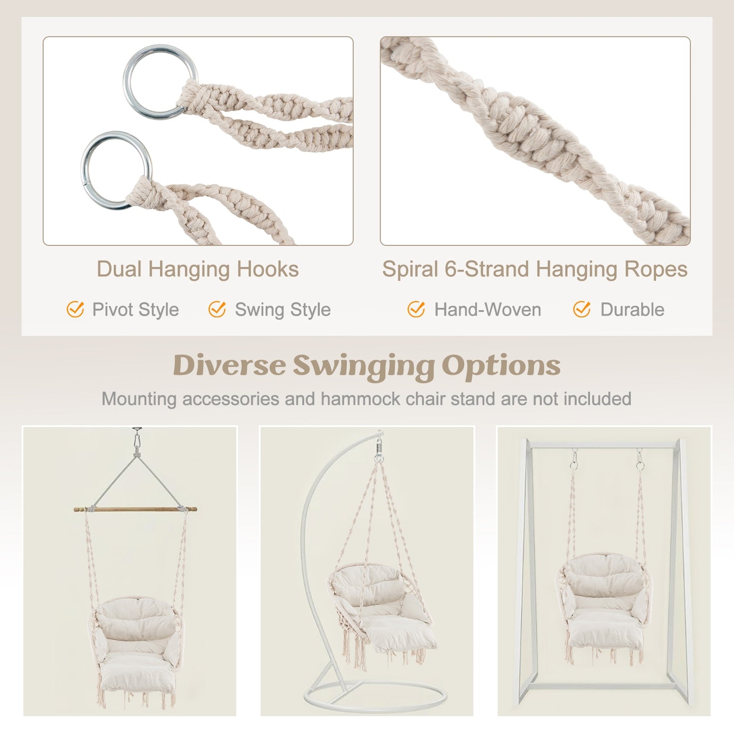 Hammock Chair with Thick Cushion & Macrame Holds up to 330 LBS-Beige