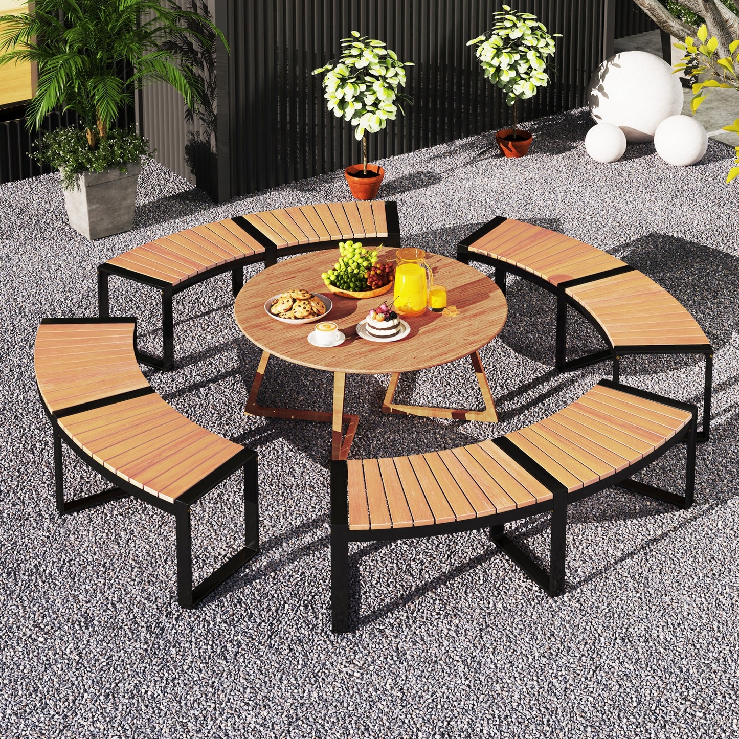 Patio Curved Bench with Slatted Seat and Metal Legs-1 Piece