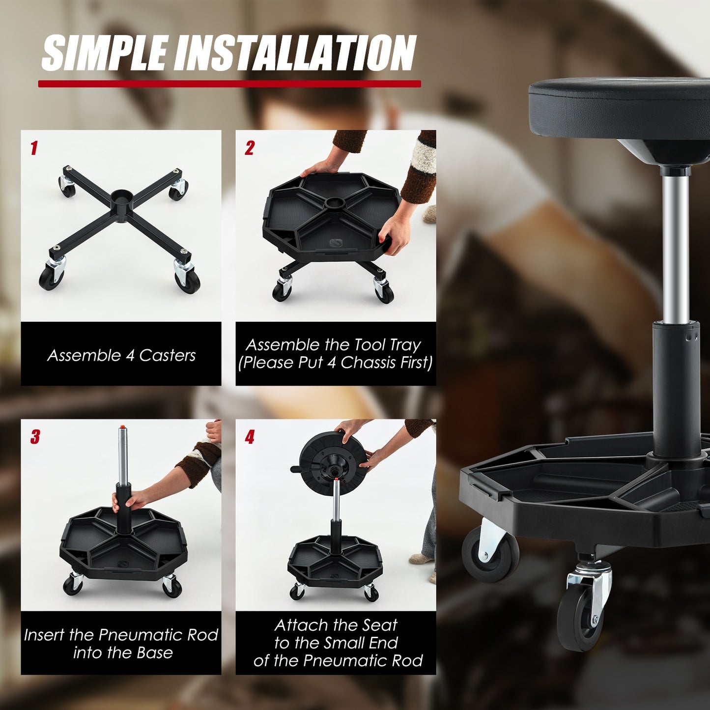 330 LBS Capacity Pneumatic Rolling Mechanic Stool with Padded Seat-Black