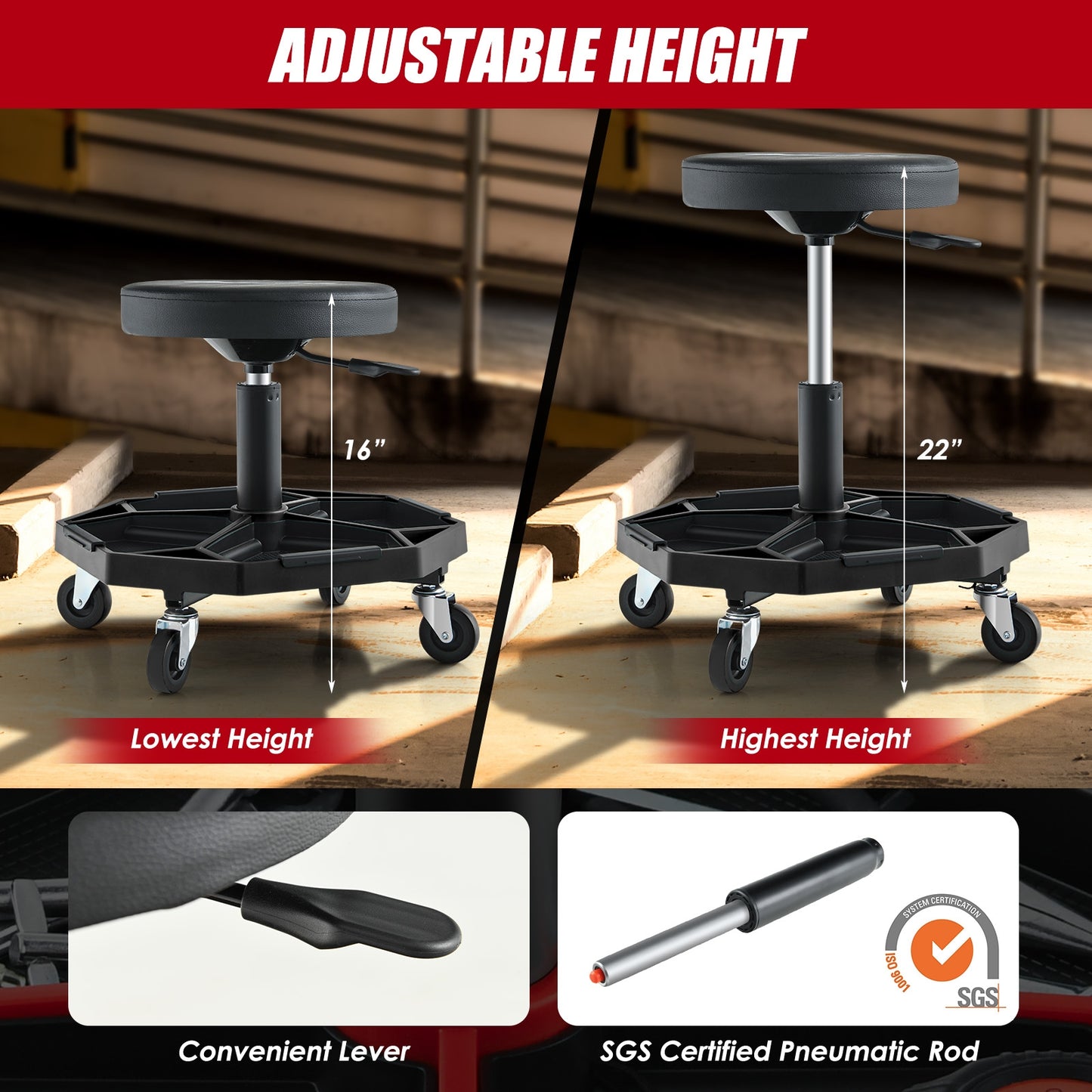 330 LBS Capacity Pneumatic Rolling Mechanic Stool with Padded Seat-Black