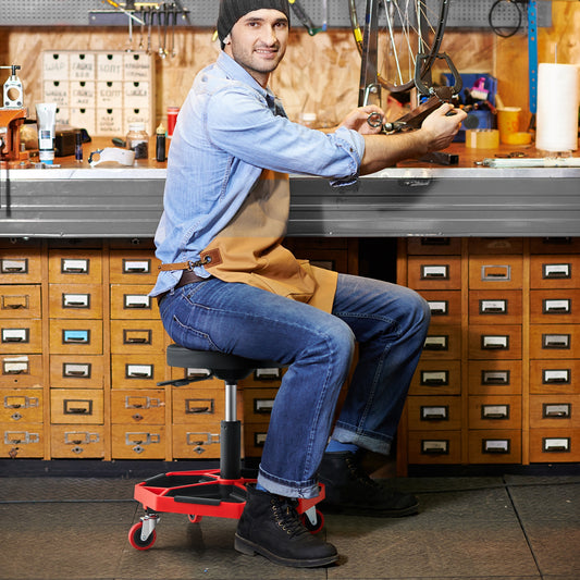 330 LBS Capacity Pneumatic Rolling Mechanic Stool with Padded Seat-Red