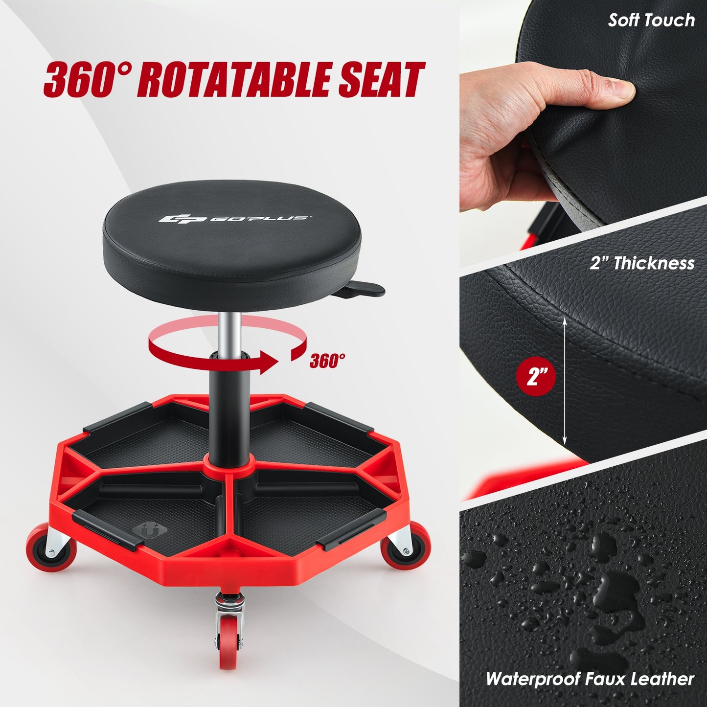 330 LBS Capacity Pneumatic Rolling Mechanic Stool with Padded Seat-Red